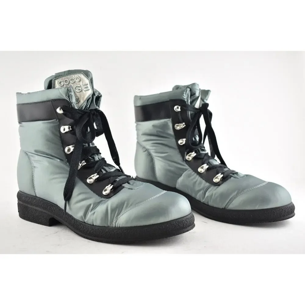 Chanel 18B Green Black Nylon CC Logo Coco Neige Snow Winter Lace Up Tie Boots 42 - Picture 2 of 10